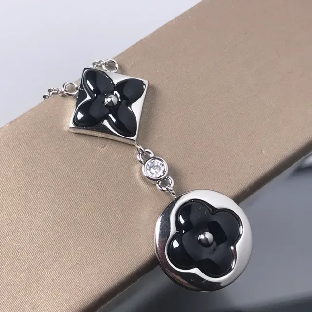 Silver Black Chain Enamel Floral Pendants Necklace 4