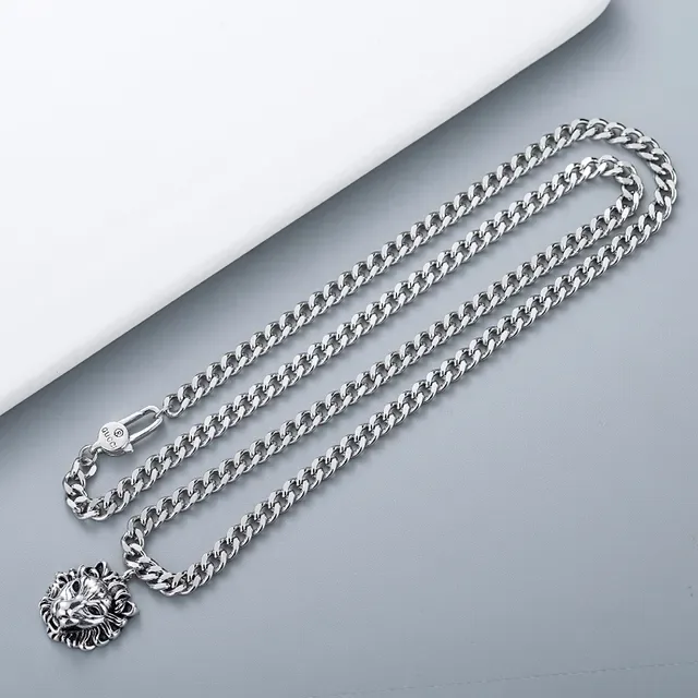 Silver Black Lion Head Pendant High-Relief Sculpted Metal Necklace 3