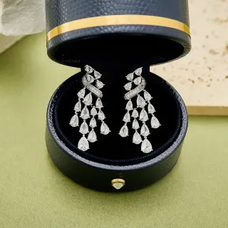 Silver Black Multi-Tier Chandelier Pear-Cut Stone Cascade Earrings