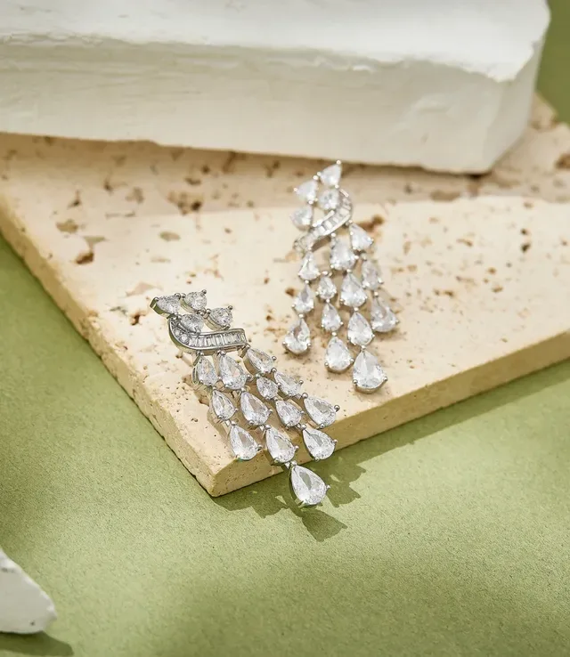 Silver Black Multi-Tier Chandelier Pear-Cut Stone Cascade Earrings 2