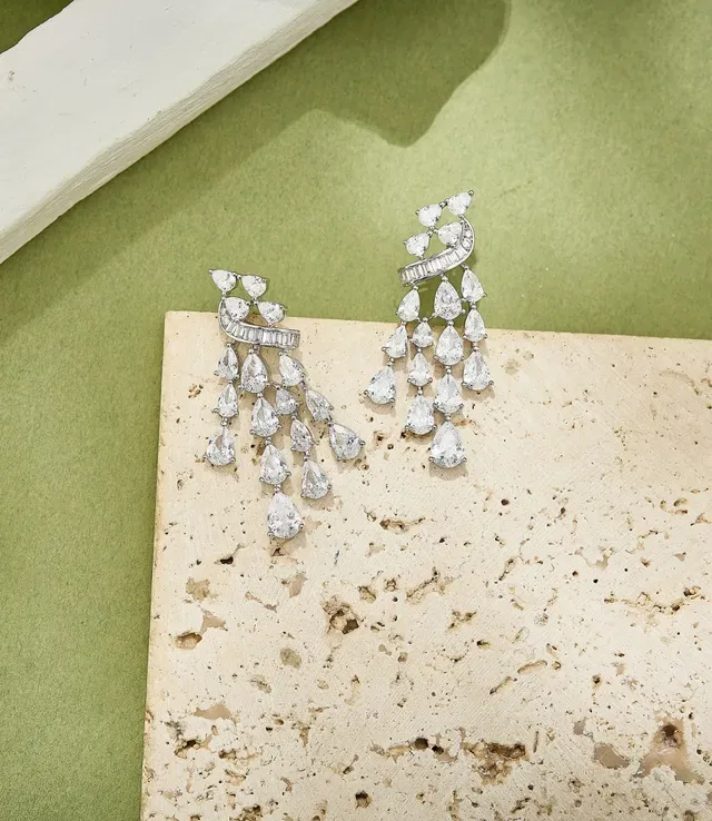 Silver Black Multi-Tier Chandelier Pear-Cut Stone Cascade Earrings 6
