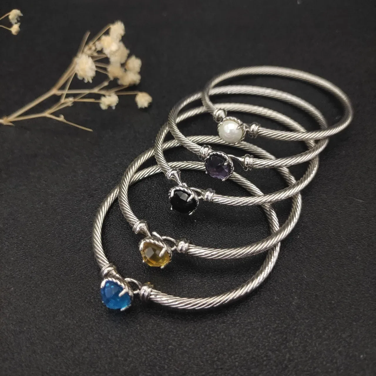 Silver Black Twisted Cable Wire Faceted Dark Stone Bracelet 3