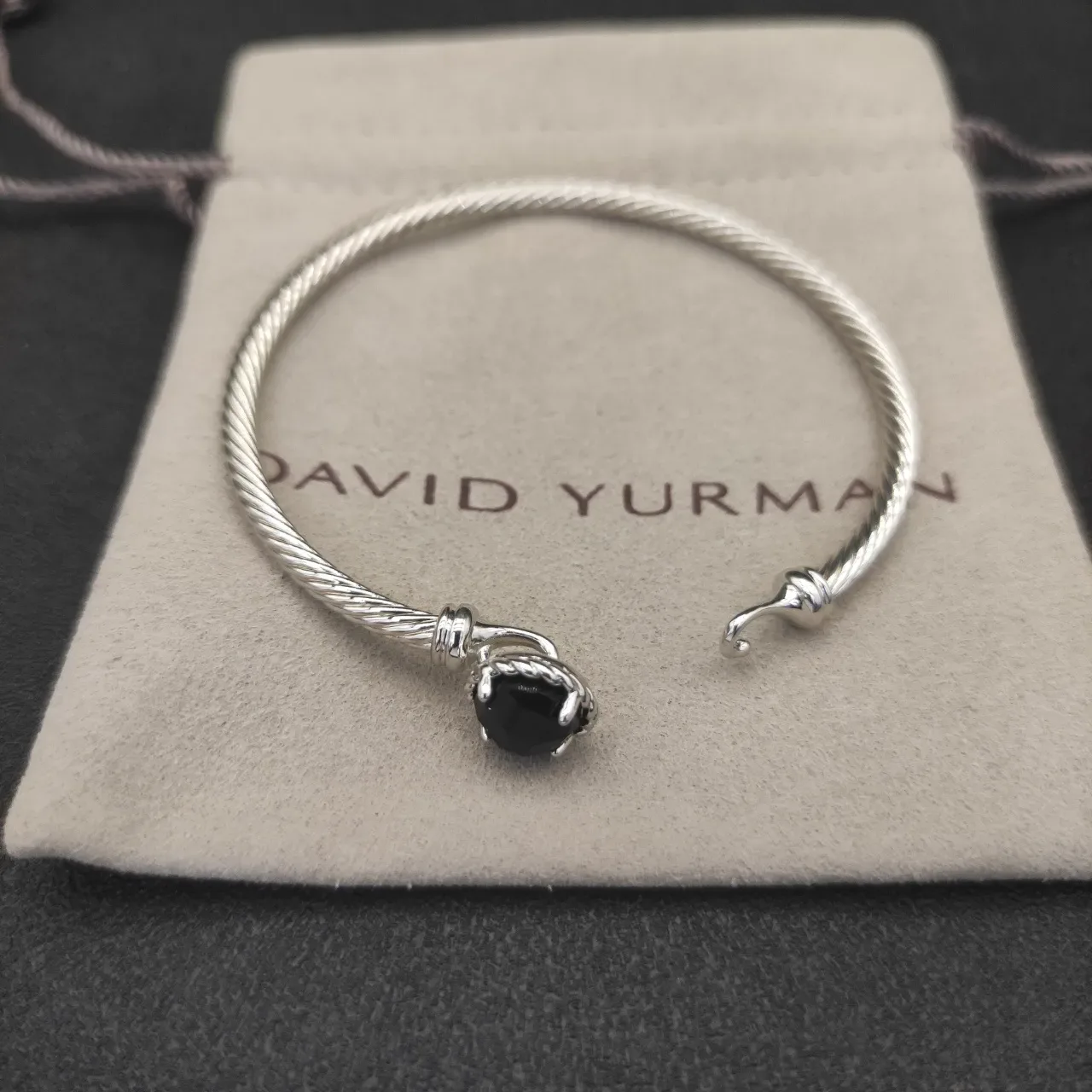 Silver Black Twisted Cable Wire Faceted Dark Stone Bracelet 5