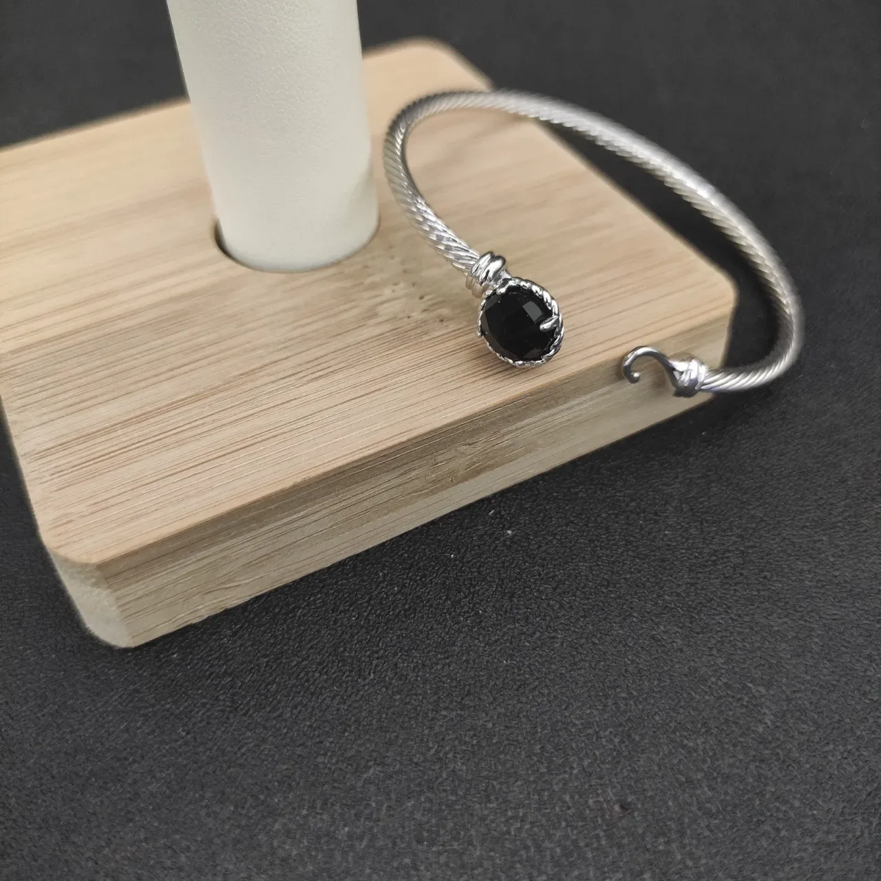 Silver Black Twisted Cable Wire Faceted Dark Stone Bracelet 6