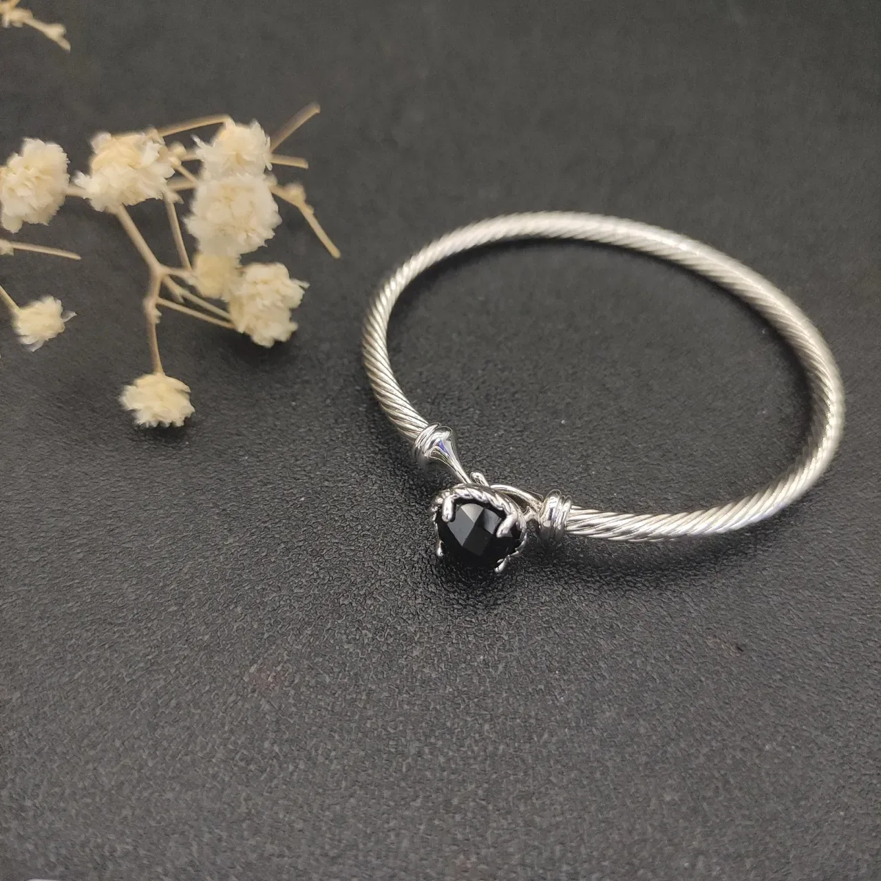 Silver Black Twisted Cable Wire Faceted Dark Stone Bracelet 9