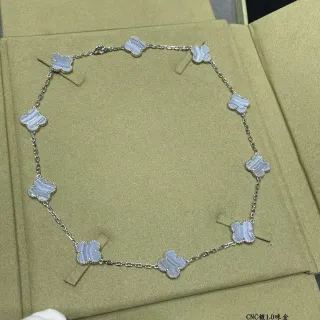银蓝四叶草吊坠条纹天然石镶嵌项链
