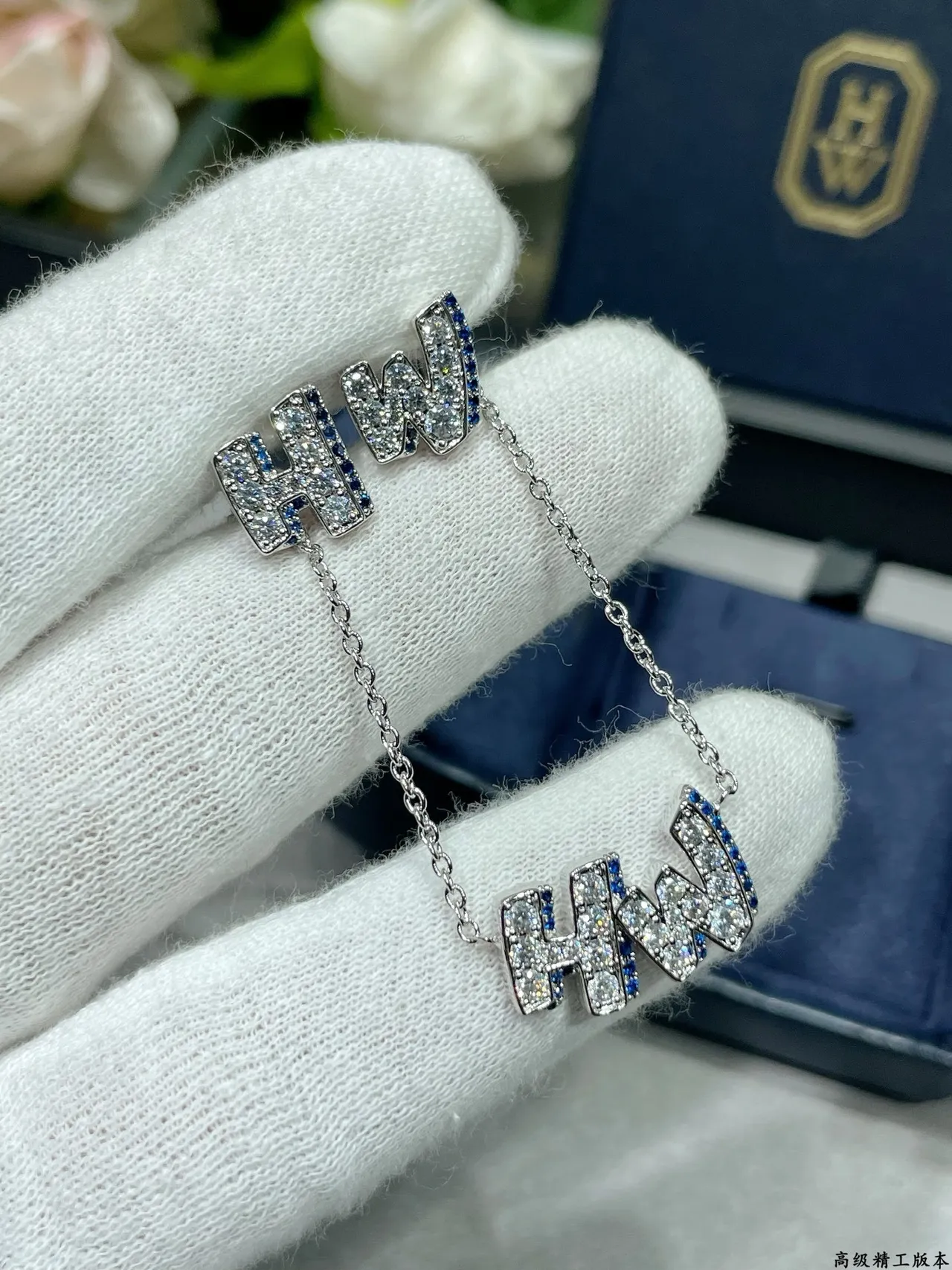 Silver Blue Pavé-Set Initial Pendant Chain Necklace 3