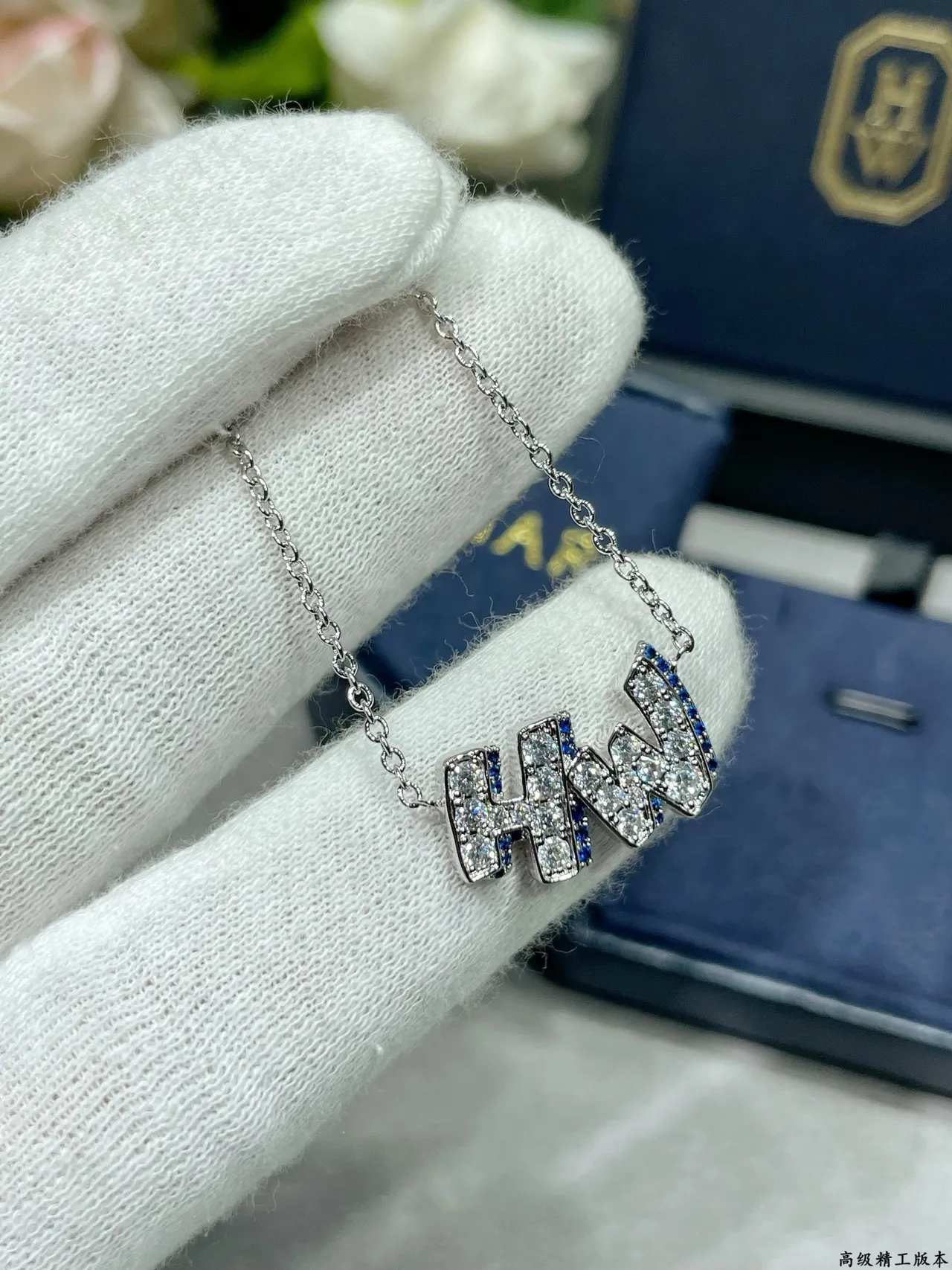Silver Blue Pavé-Set Initial Pendant Chain Necklace 4