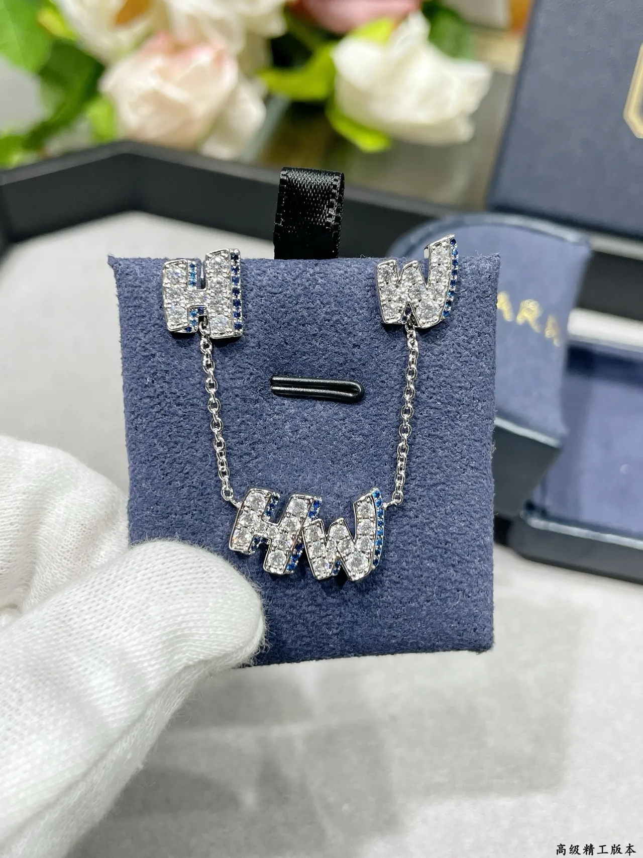 Silver Blue Pavé-Set Initial Pendant Chain Necklace 5