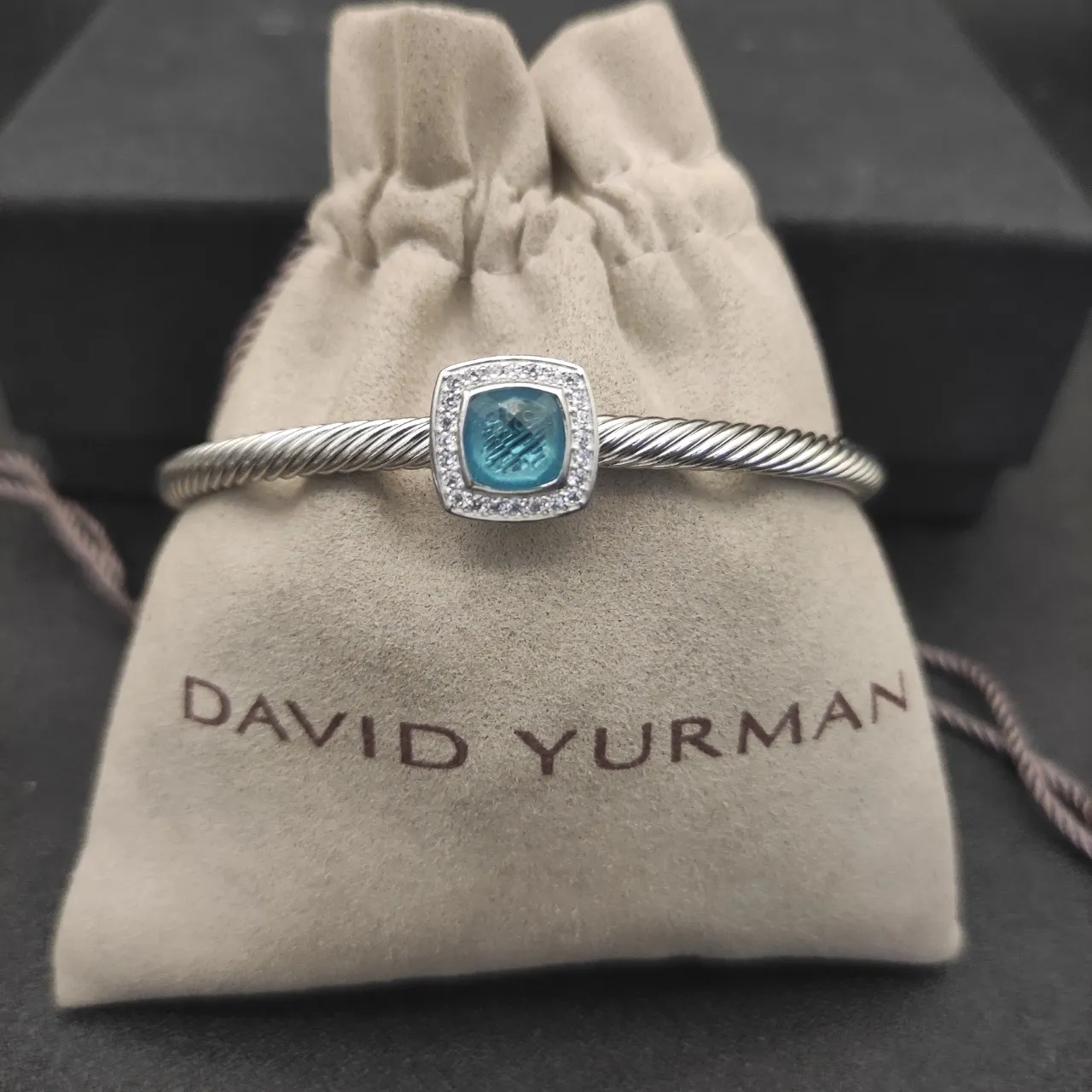 Silver Blue Twisted Cable Band Square Cushion-Cut Center Stone Bracelet 6