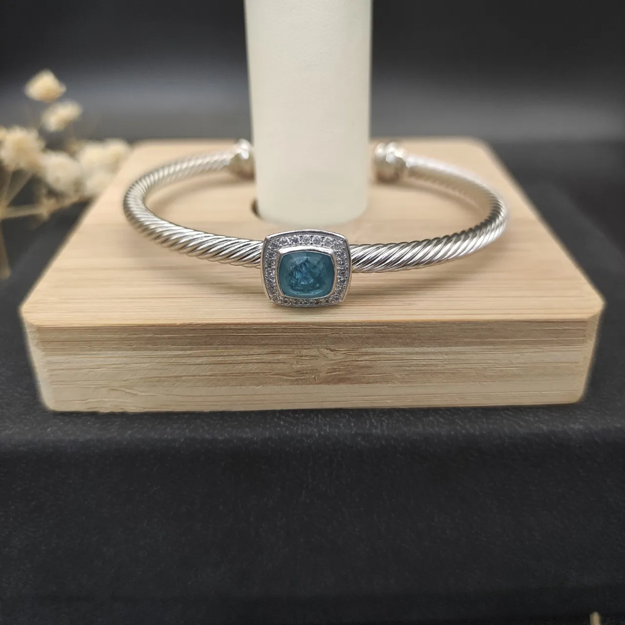 Silver Blue Twisted Cable Band Square Cushion-Cut Center Stone Bracelet 8