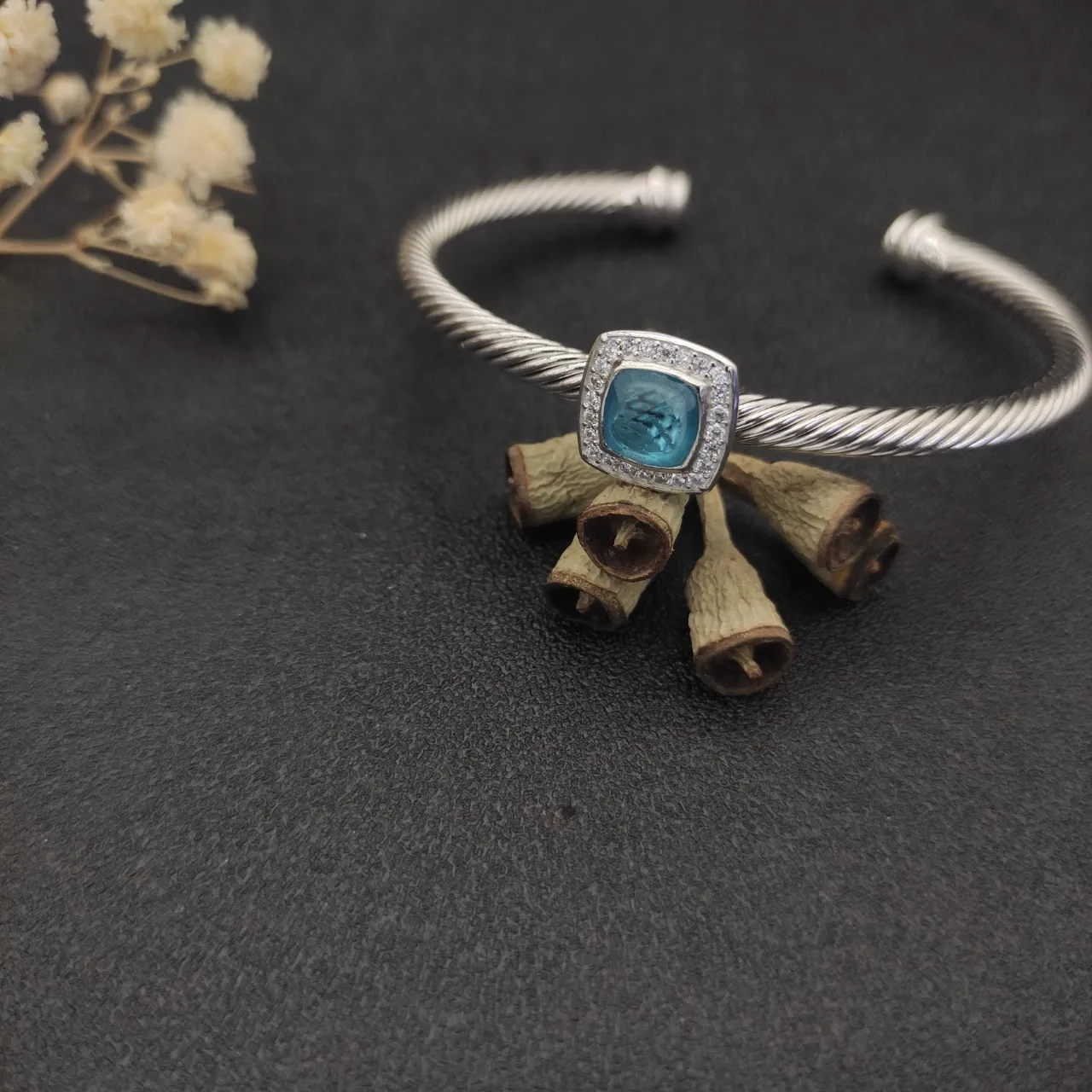 Silver Blue Twisted Cable Band Square Cushion-Cut Center Stone Bracelet 9