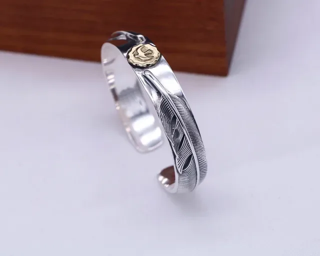 Silver Feather-Engraved Two-Tone Cuff Bracelet 2
