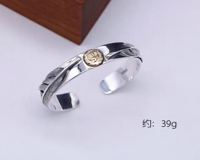 Silver Feather-Engraved Two-Tone Cuff Bracelet 4
