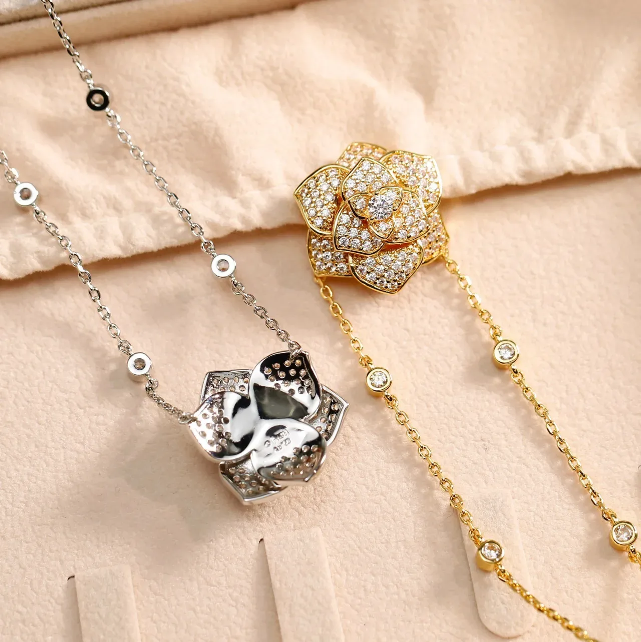 Silver Gold Floral Pendant Pavé Crystal Necklace 6