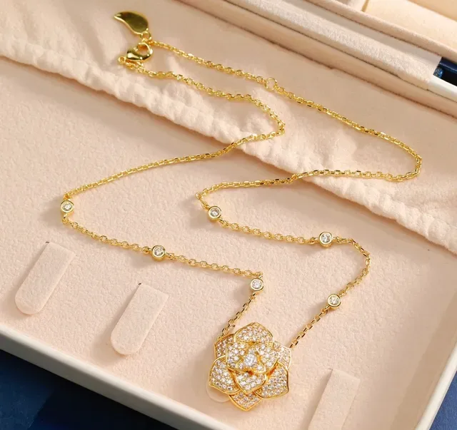 Silver Gold Floral Pendant Pavé Crystal Necklace 8