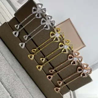 Silver Gold Flower-Shaped Pendant Crystal-Encrusted Earrings