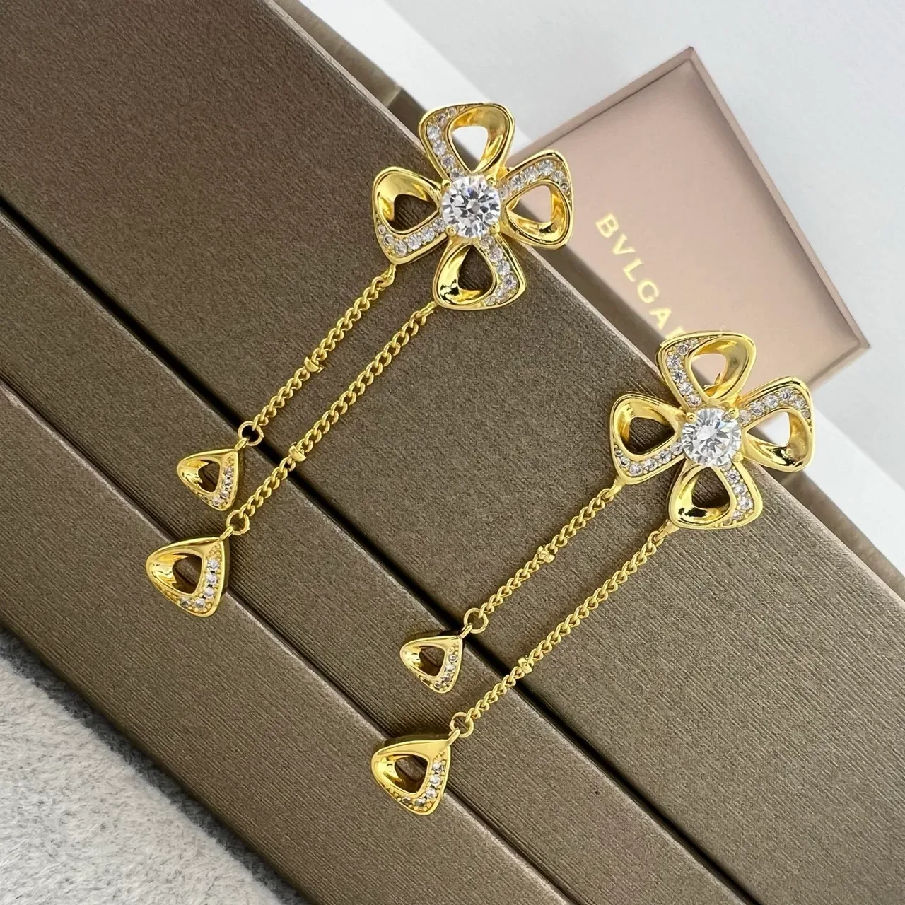 Silver Gold Flower-Shaped Pendant Crystal-Encrusted Earrings 3