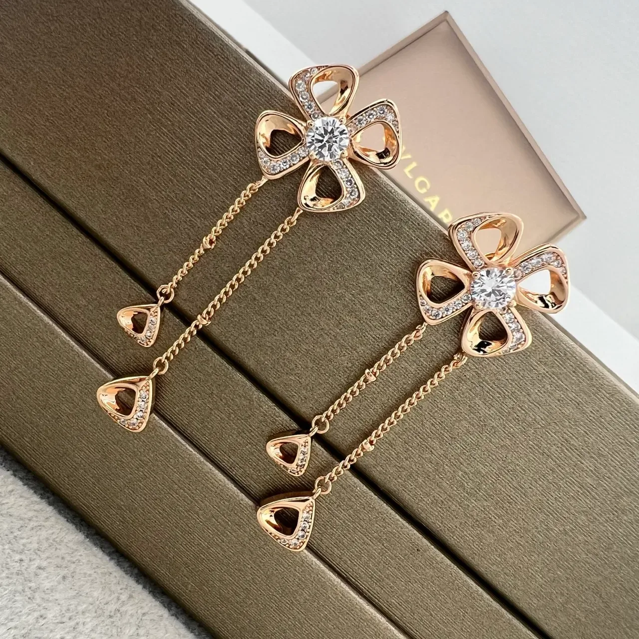 Silver Gold Flower-Shaped Pendant Crystal-Encrusted Earrings 4