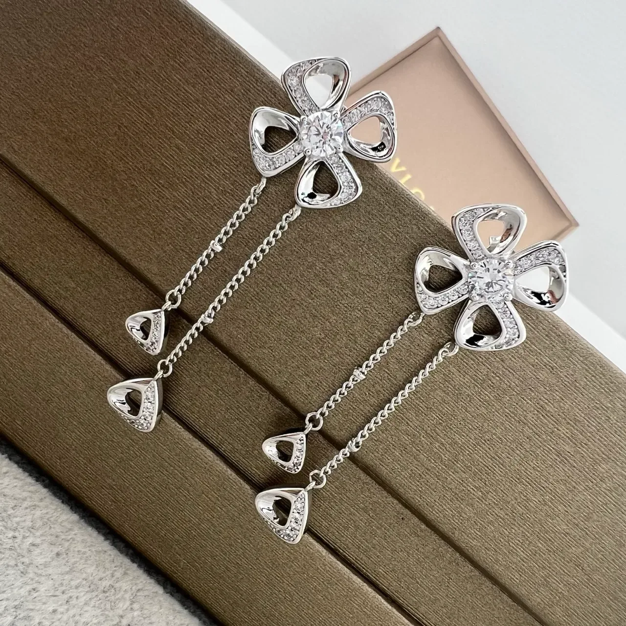 Silver Gold Flower-Shaped Pendant Crystal-Encrusted Earrings 5