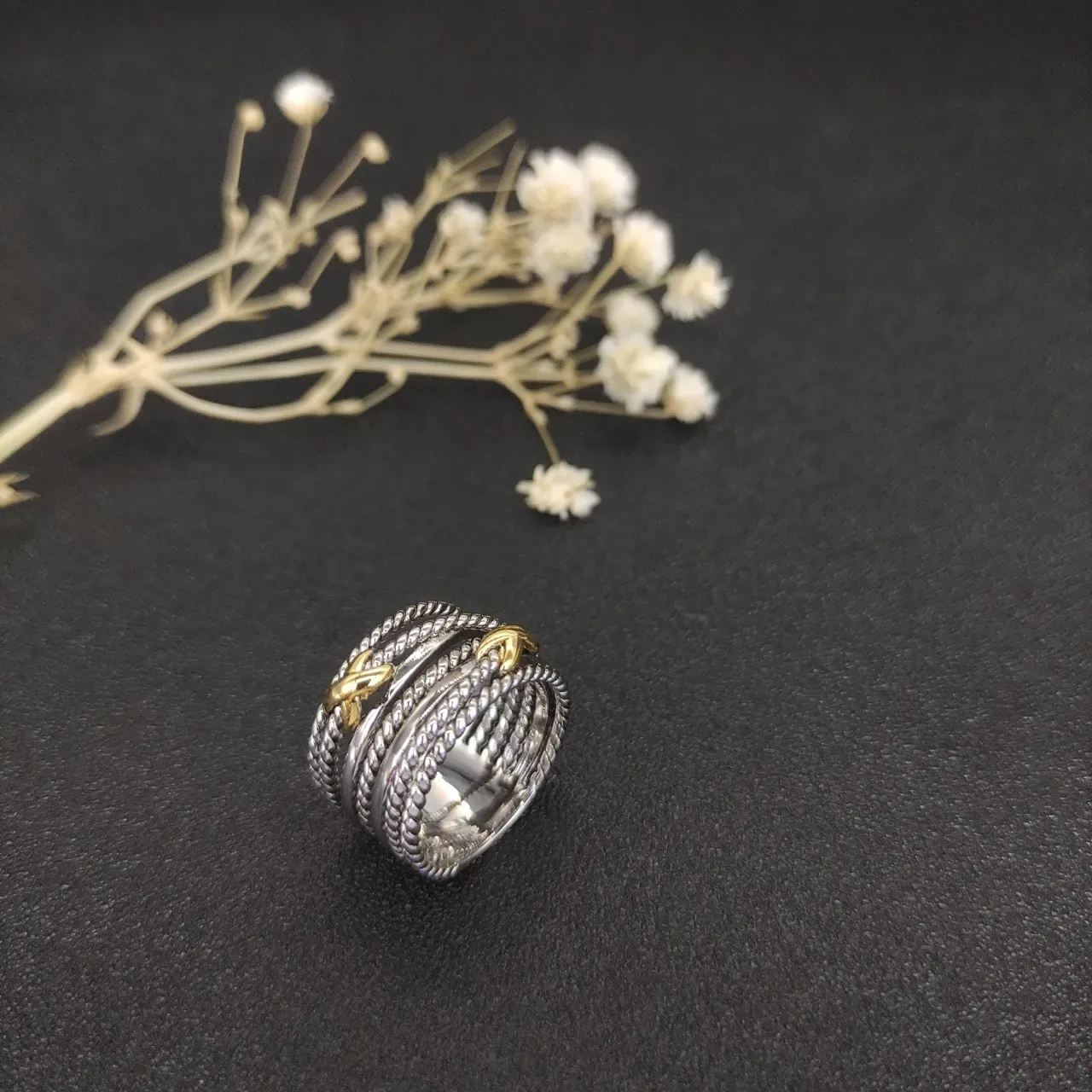 Silver Gold Multi-Band Twisted Rope Texture Ring 7