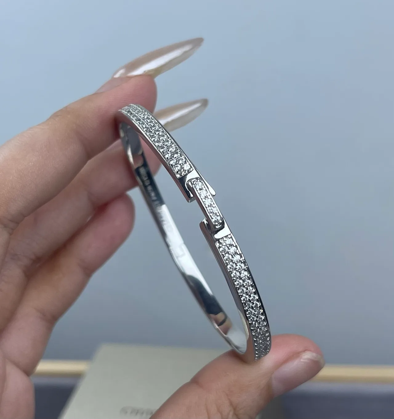 Silver Gold Pavé-Set Hinged Bangle Bracelet 2
