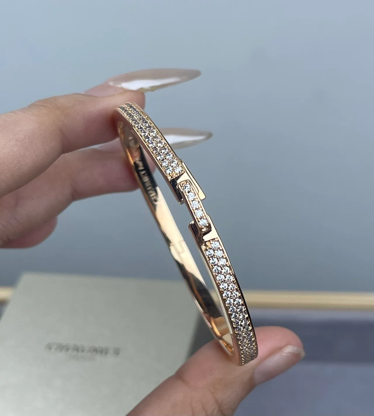 Silver Gold Pavé-Set Hinged Bangle Bracelet 3