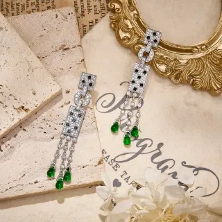 Silver Green Geometric Pavé-Set Top Articulated Chain Tassels Earrings