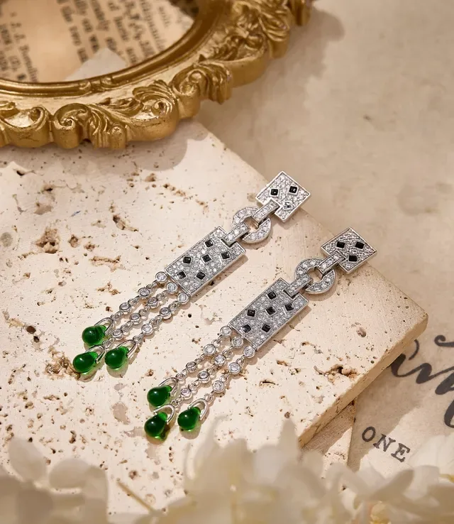 Silver Green Geometric Pavé-Set Top Articulated Chain Tassels Earrings 2