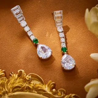 Silver Green Linear Baguette-and-Round-Stone Cascade Pear-Shaped Central Pendant Earrings