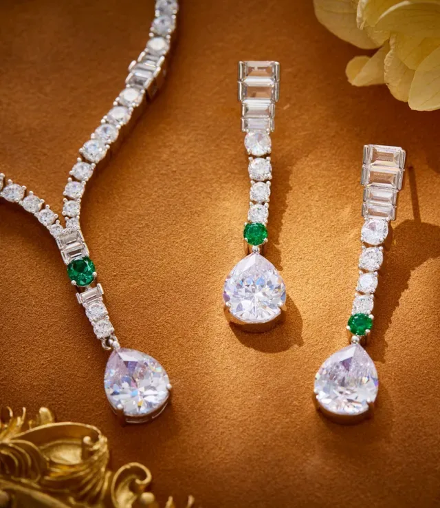 Silver Green Linear Baguette-and-Round-Stone Cascade Pear-Shaped Central Pendant Earrings 2