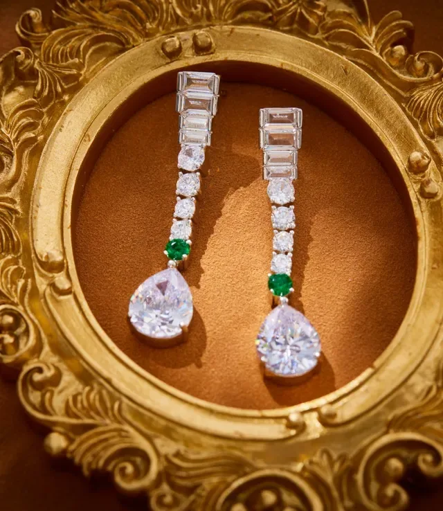 Silver Green Linear Baguette-and-Round-Stone Cascade Pear-Shaped Central Pendant Earrings 3