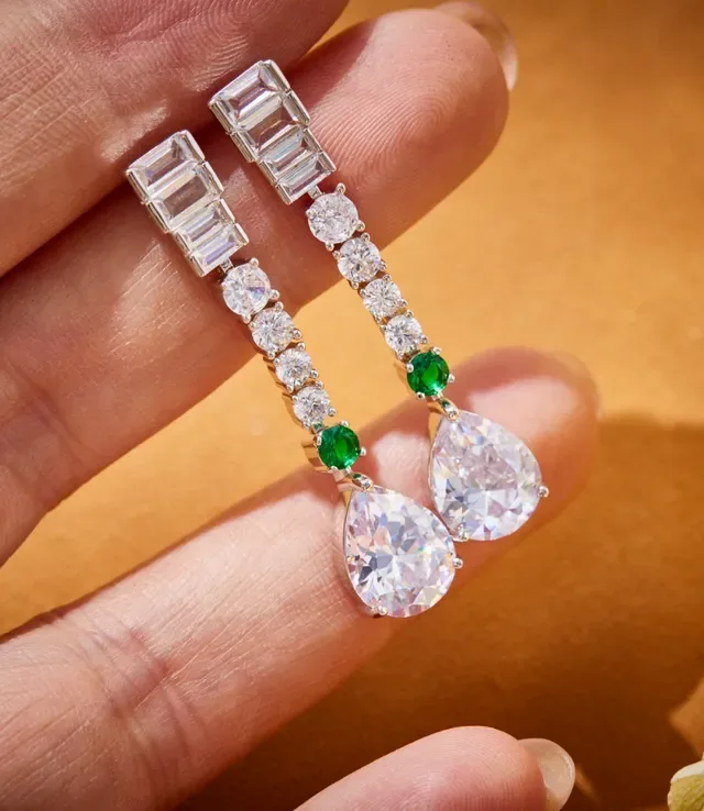 Silver Green Linear Baguette-and-Round-Stone Cascade Pear-Shaped Central Pendant Earrings 5