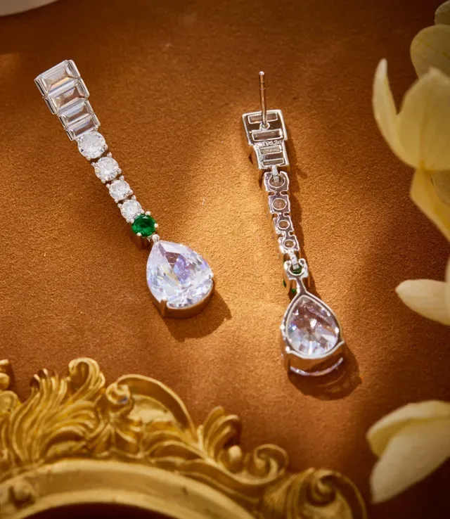 Silver Green Linear Baguette-and-Round-Stone Cascade Pear-Shaped Central Pendant Earrings 6