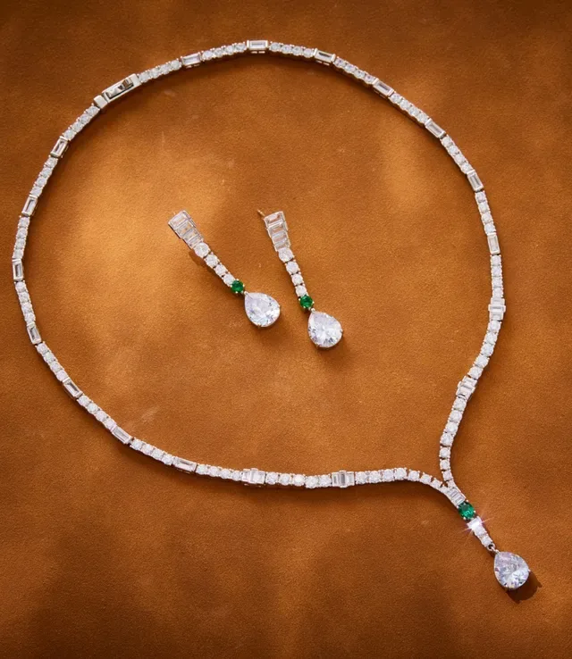 Silver Green Linear Baguette-and-Round-Stone Cascade Pear-Shaped Central Pendant Earrings 7