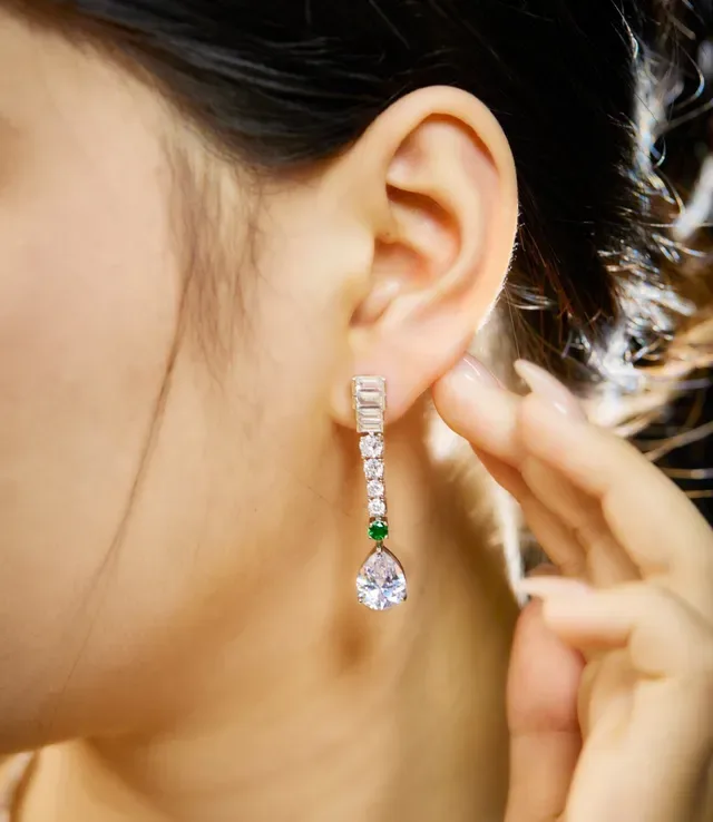 Silver Green Linear Baguette-and-Round-Stone Cascade Pear-Shaped Central Pendant Earrings 8