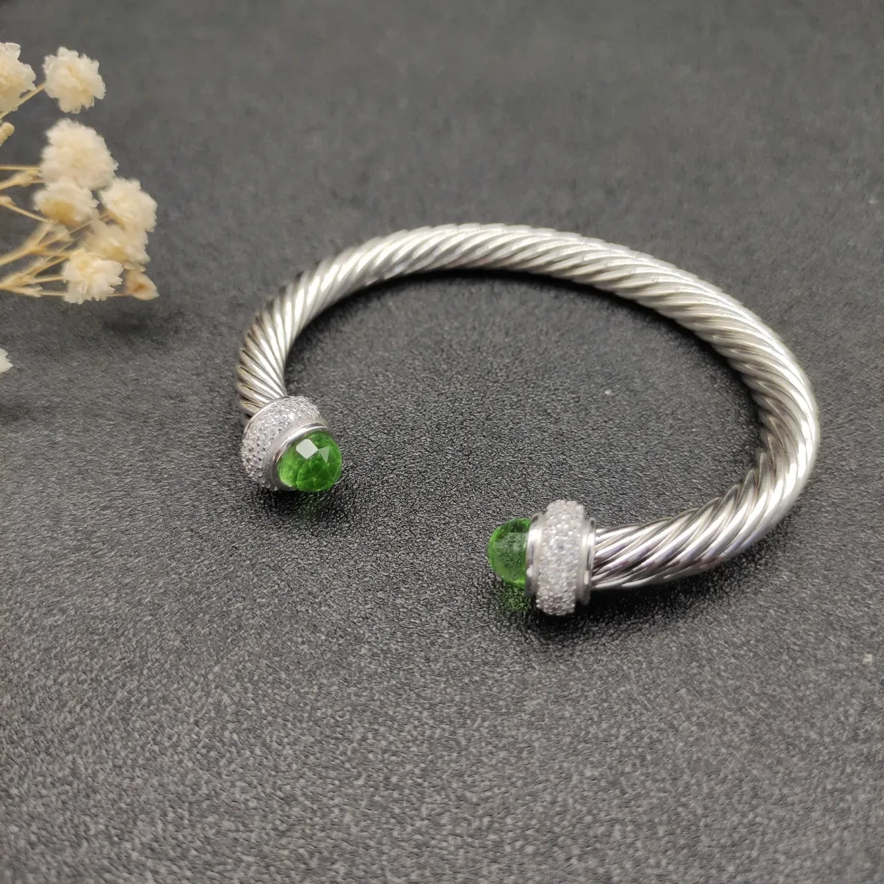 Silver Green Twisted Cable Pavé-Set Terminals Bracelet 6