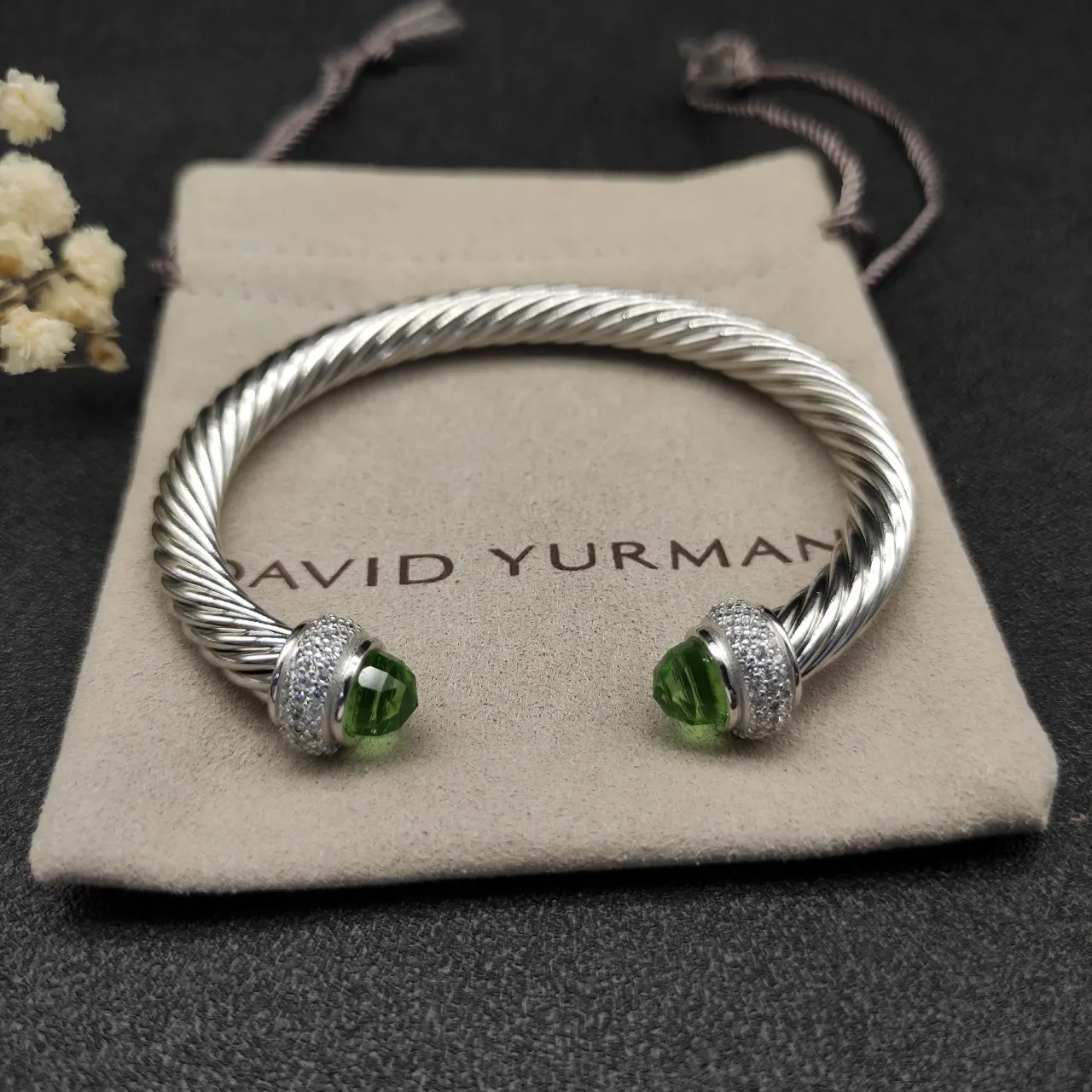Silver Green Twisted Cable Pavé-Set Terminals Bracelet 7