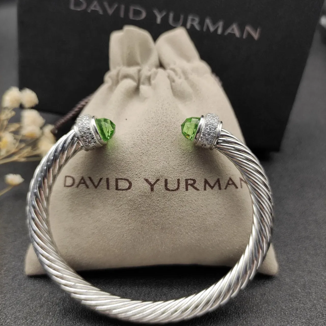 Silver Green Twisted Cable Pavé-Set Terminals Bracelet 8