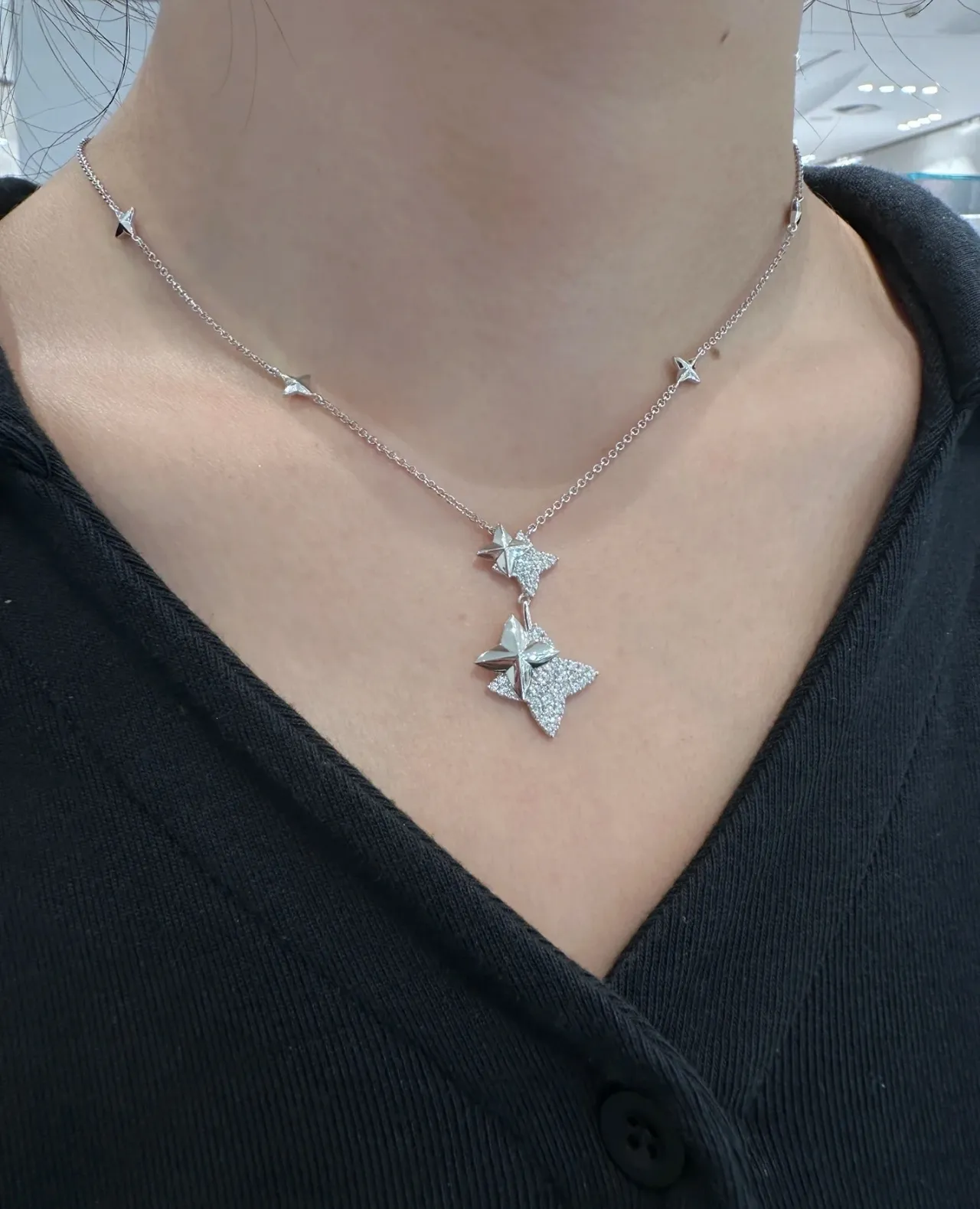 Silver Navy Double-Star Pendant Pavé-Set Stones Necklace 5