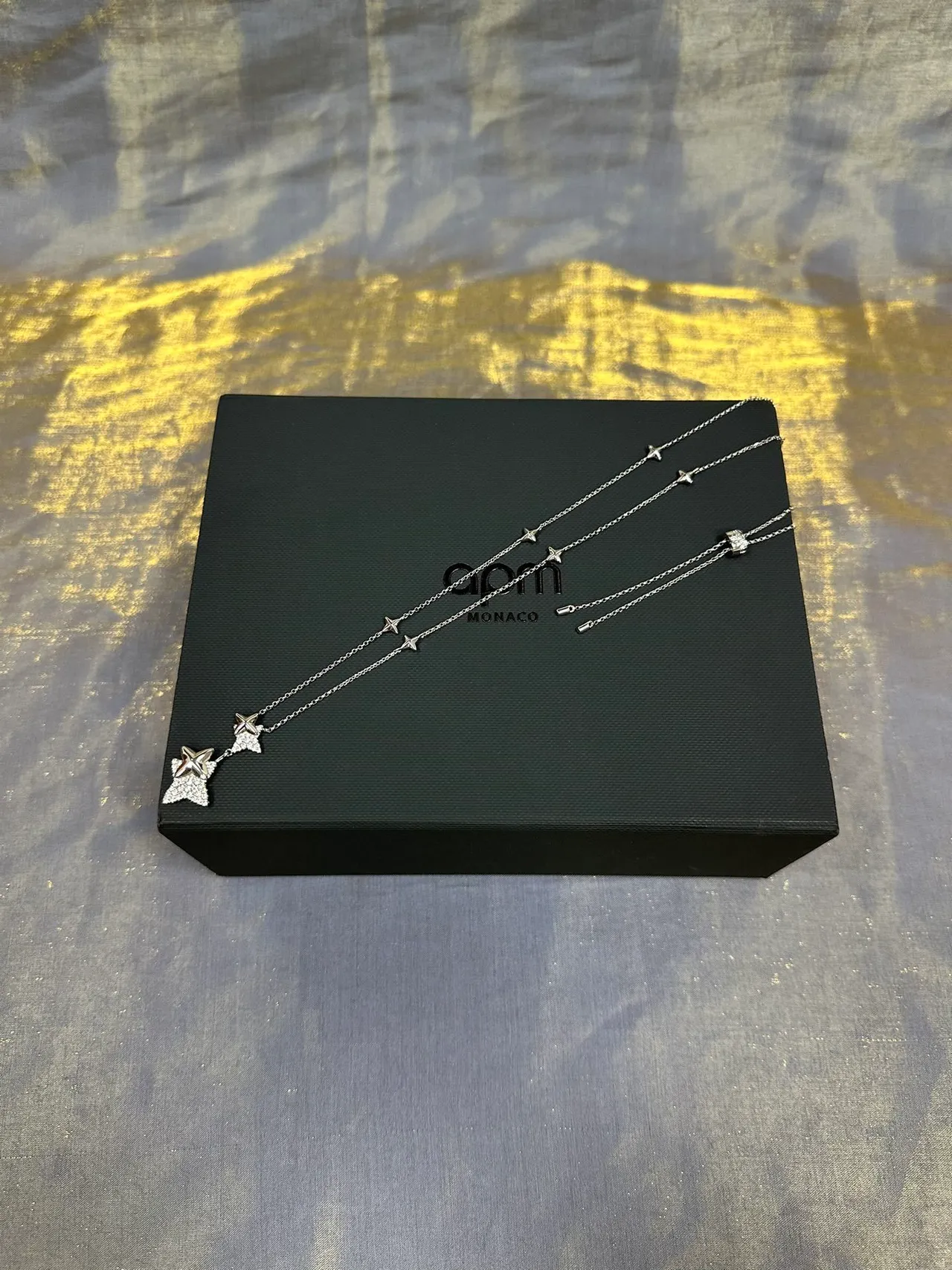 Silver Navy Double-Star Pendant Pavé-Set Stones Necklace 6