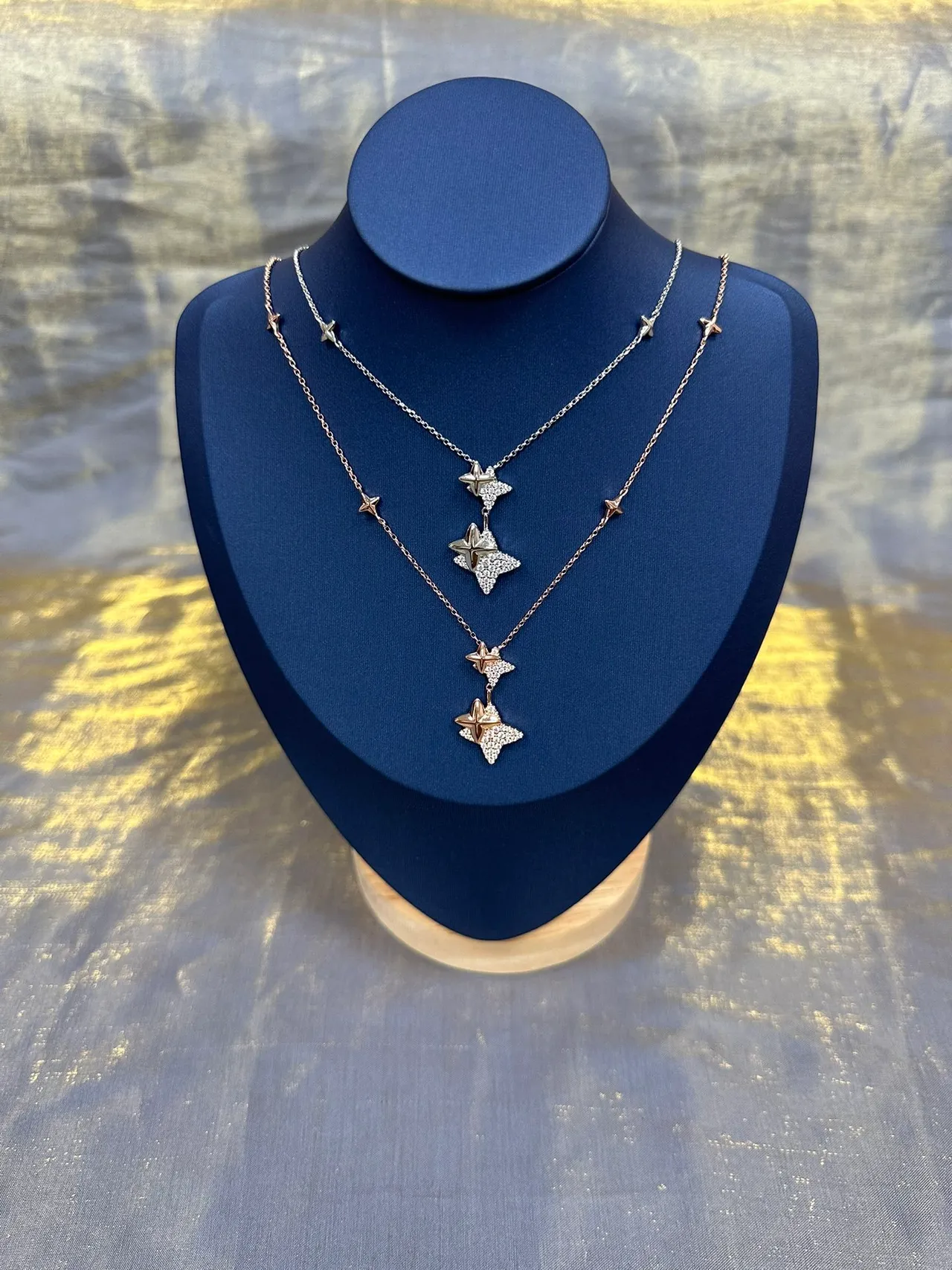 Silver Navy Double-Star Pendant Pavé-Set Stones Necklace 9