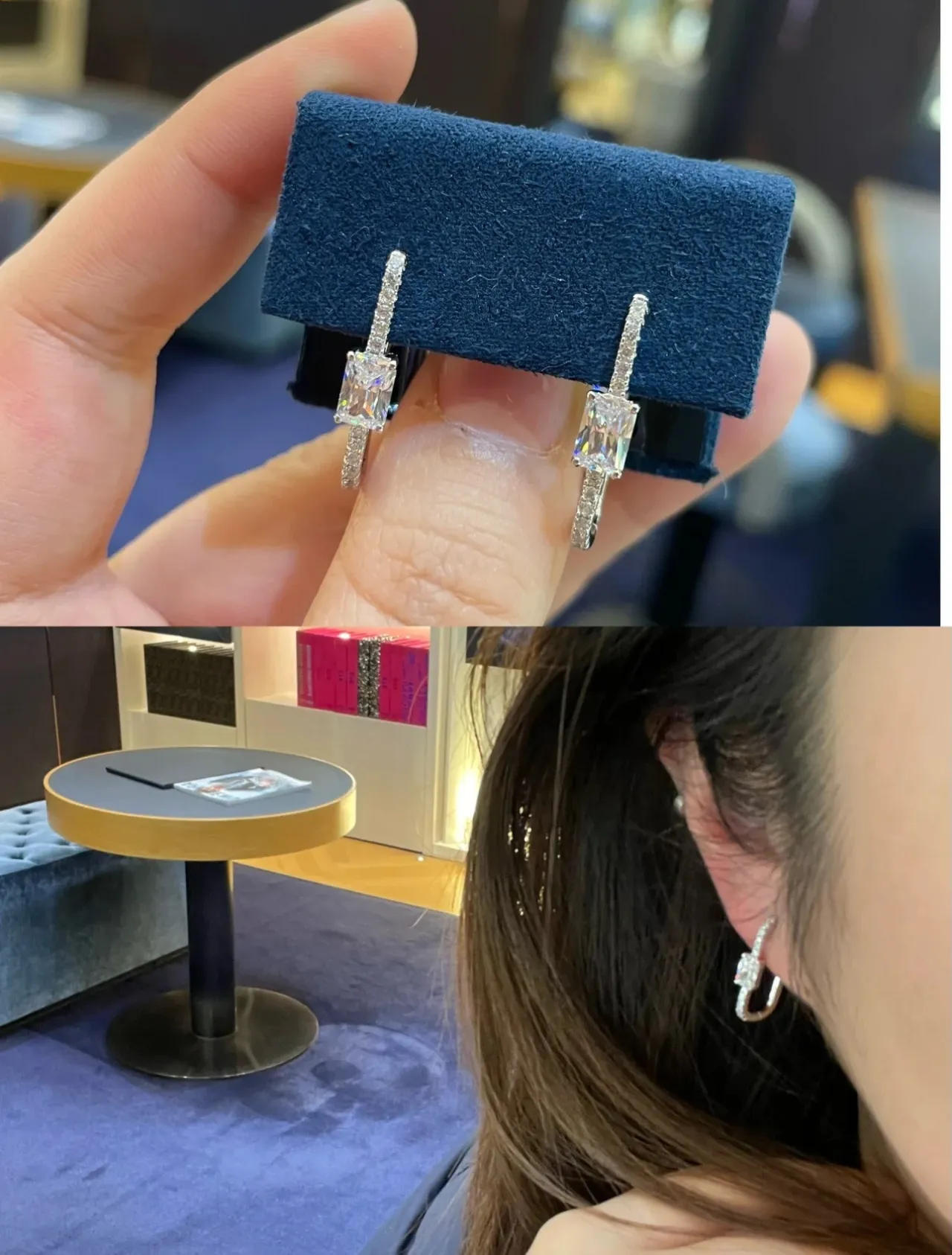 Silver Navy U-Shaped Hoops Baguette Center Stone Earrings 4