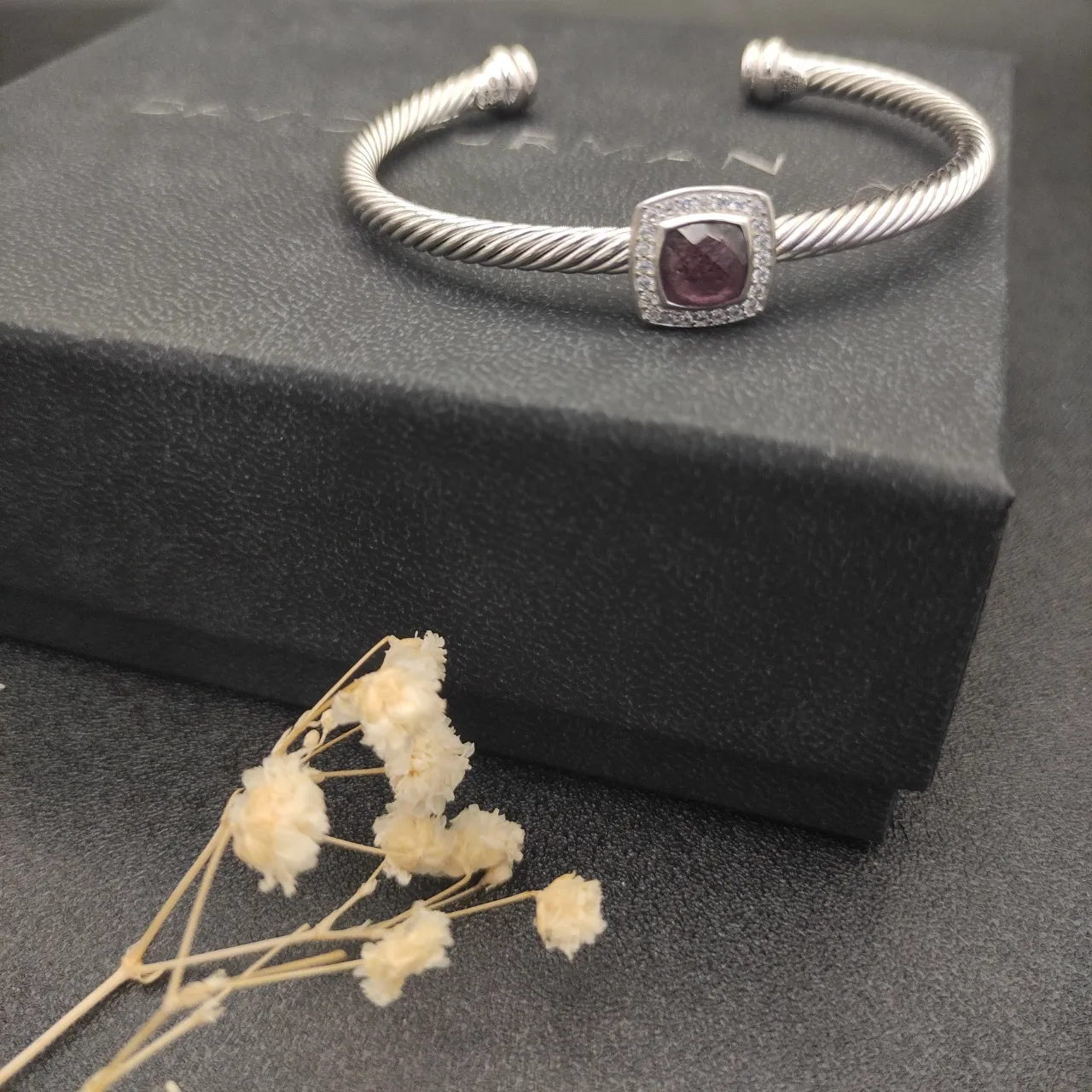 Silver Purple Twisted Cable Band Square Cushion-Cut Center Stone Bracelet 3