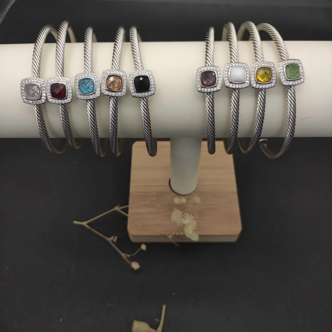 Silver Purple Twisted Cable Band Square Cushion-Cut Center Stone Bracelet 6