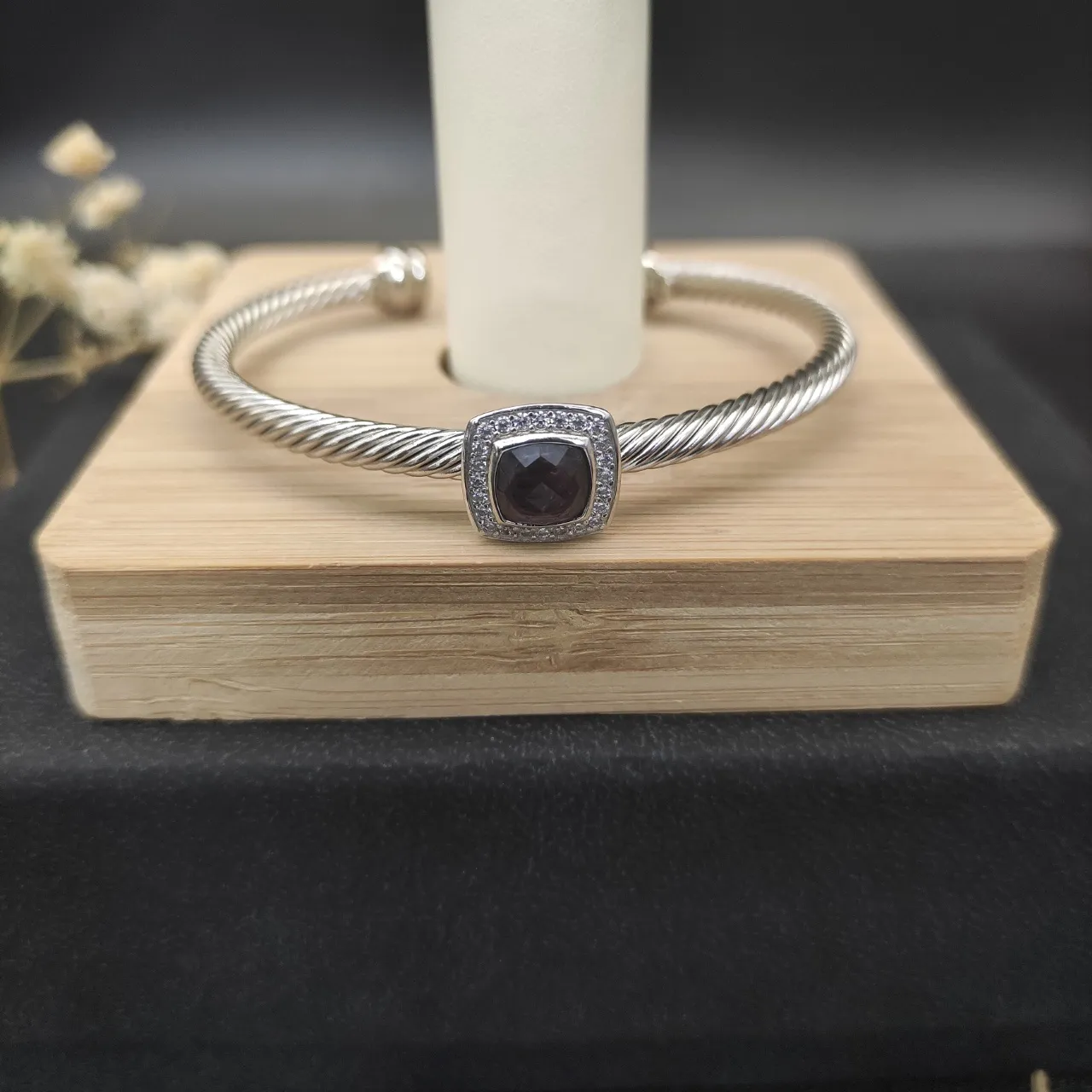 Silver Purple Twisted Cable Band Square Cushion-Cut Center Stone Bracelet 7