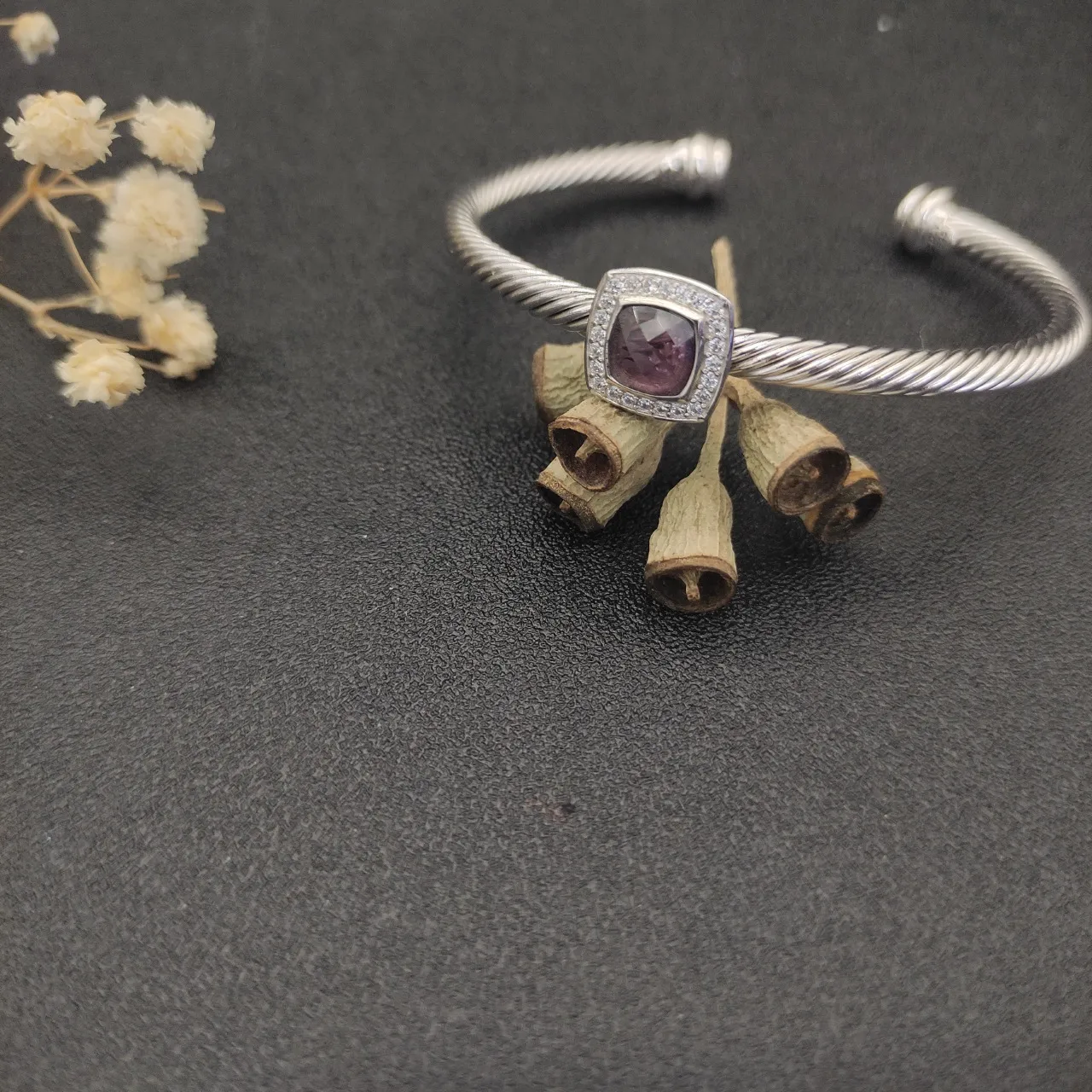 Silver Purple Twisted Cable Band Square Cushion-Cut Center Stone Bracelet 8