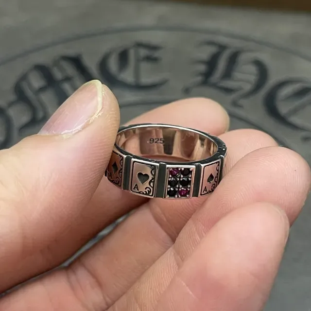 Silver Red Segmented Band Playing Card Motif Ring 4