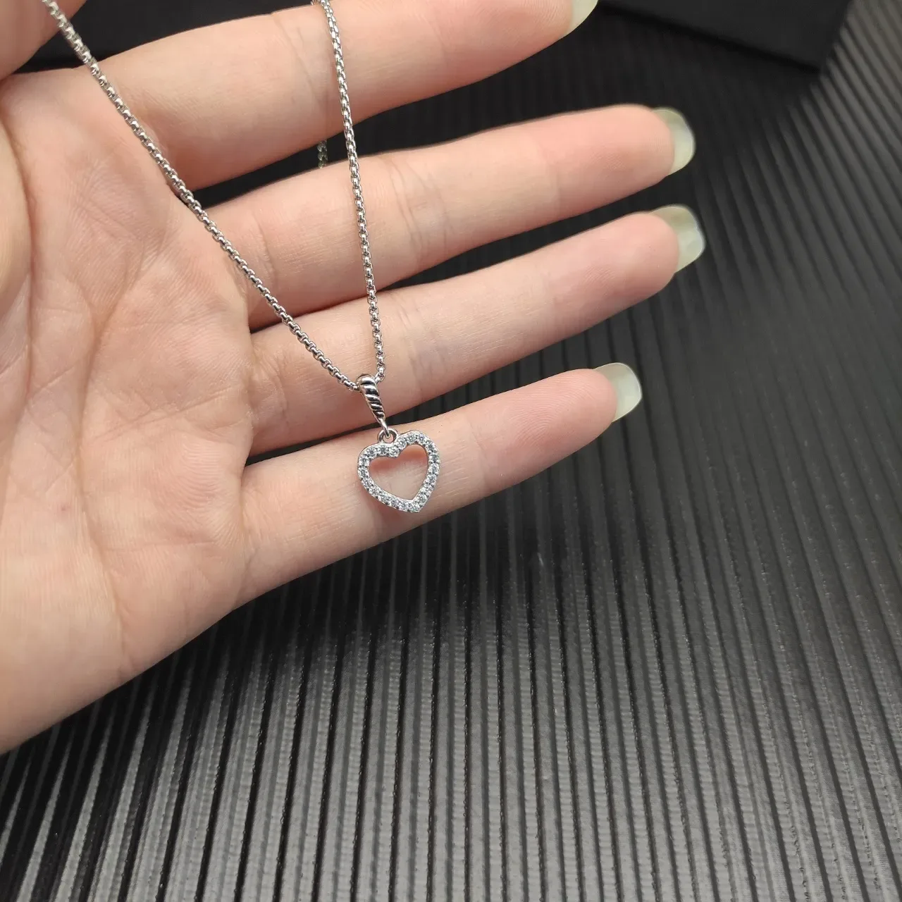 Silver-Tone Pave-Set Open Heart Pendant Necklace 6