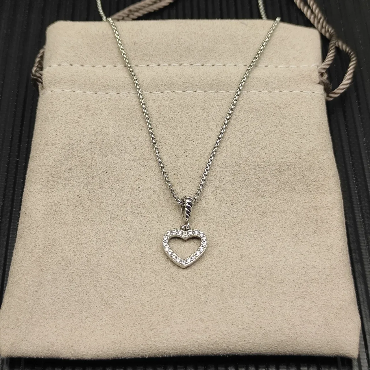 Silver-Tone Pave-Set Open Heart Pendant Necklace 7